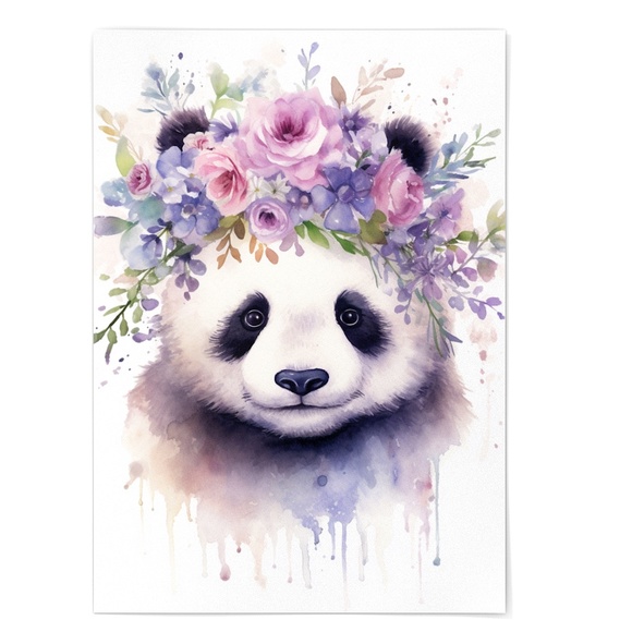Watercolor Panda Bear With Flowers Portrait Wall Art Illustration Print Unframed - Picture 6 of 6